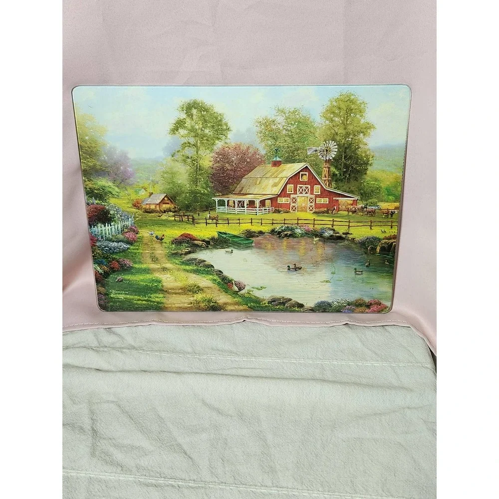 Thomas Kinkade Studios Glass Cutting Board Red Barn Pond Country Scene 15x12